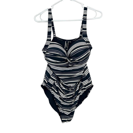 Bond-Eye One Piece Swimsuit Womens Black White Brown Gold Stripes Ruched Size 10