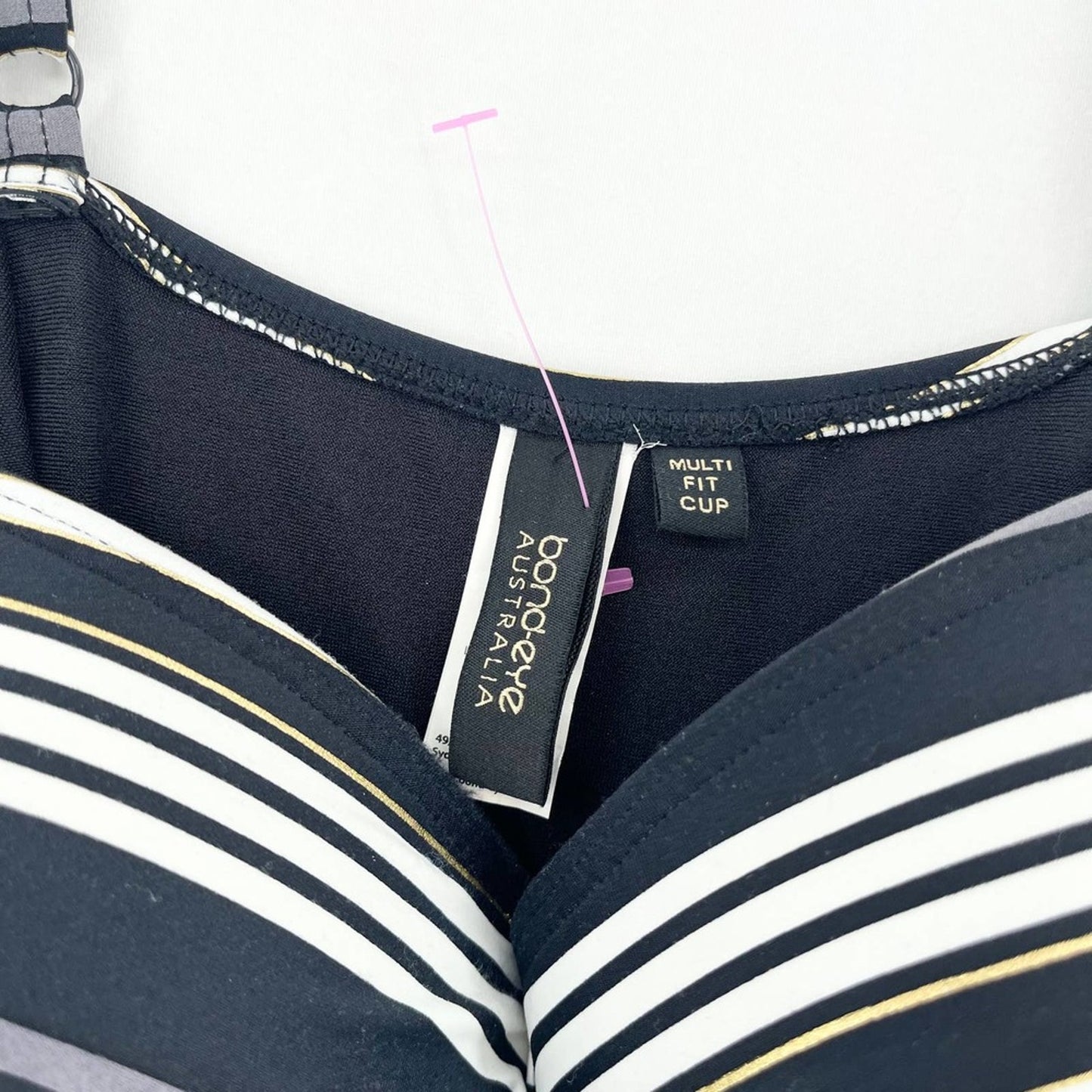 Bond-Eye One Piece Swimsuit Womens Black White Brown Gold Stripes Ruched Size 10