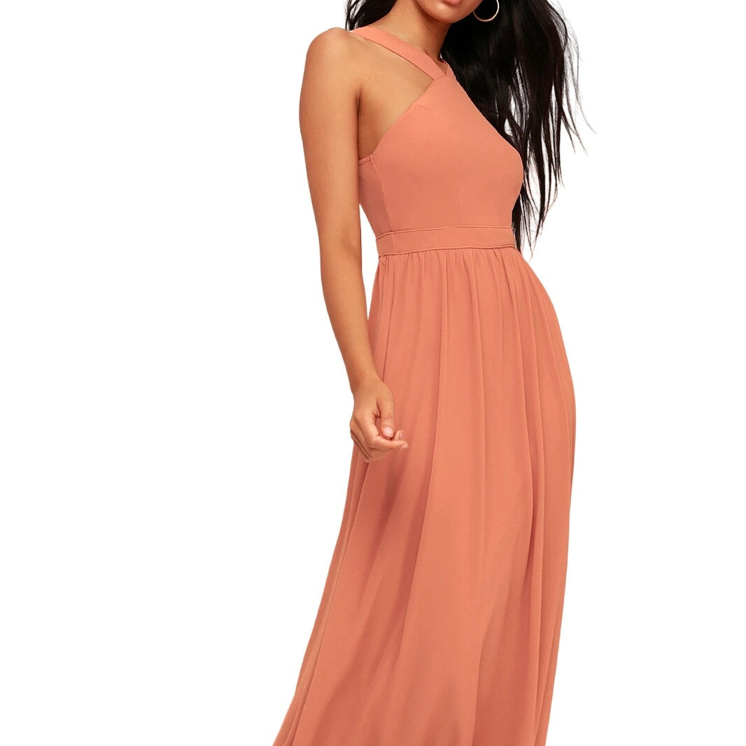 Lulus Women's Air of Romance Rusty Rose Cross Neck Maxi Evening Gown - Small