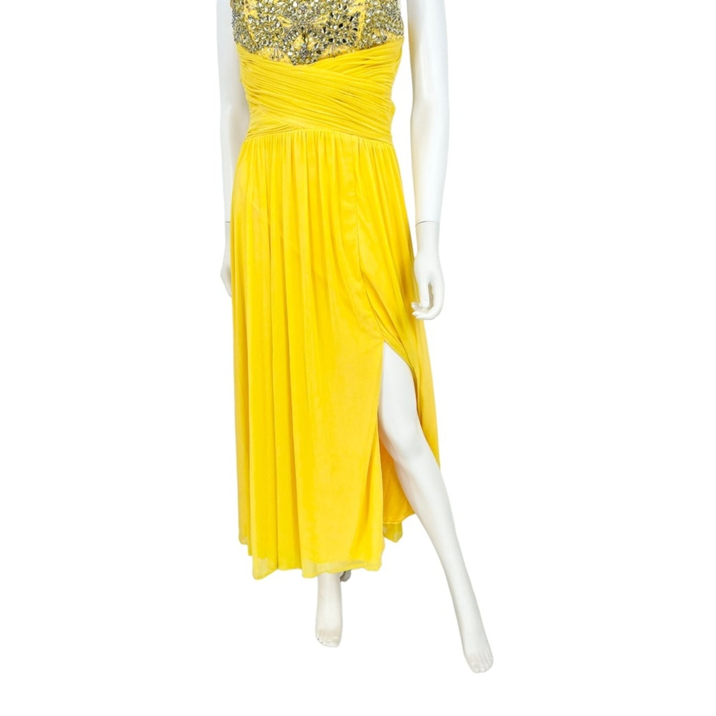 Terani Couture Yellow Open Leg Slit Cross Back Sleeveless Prom Dress Size 4