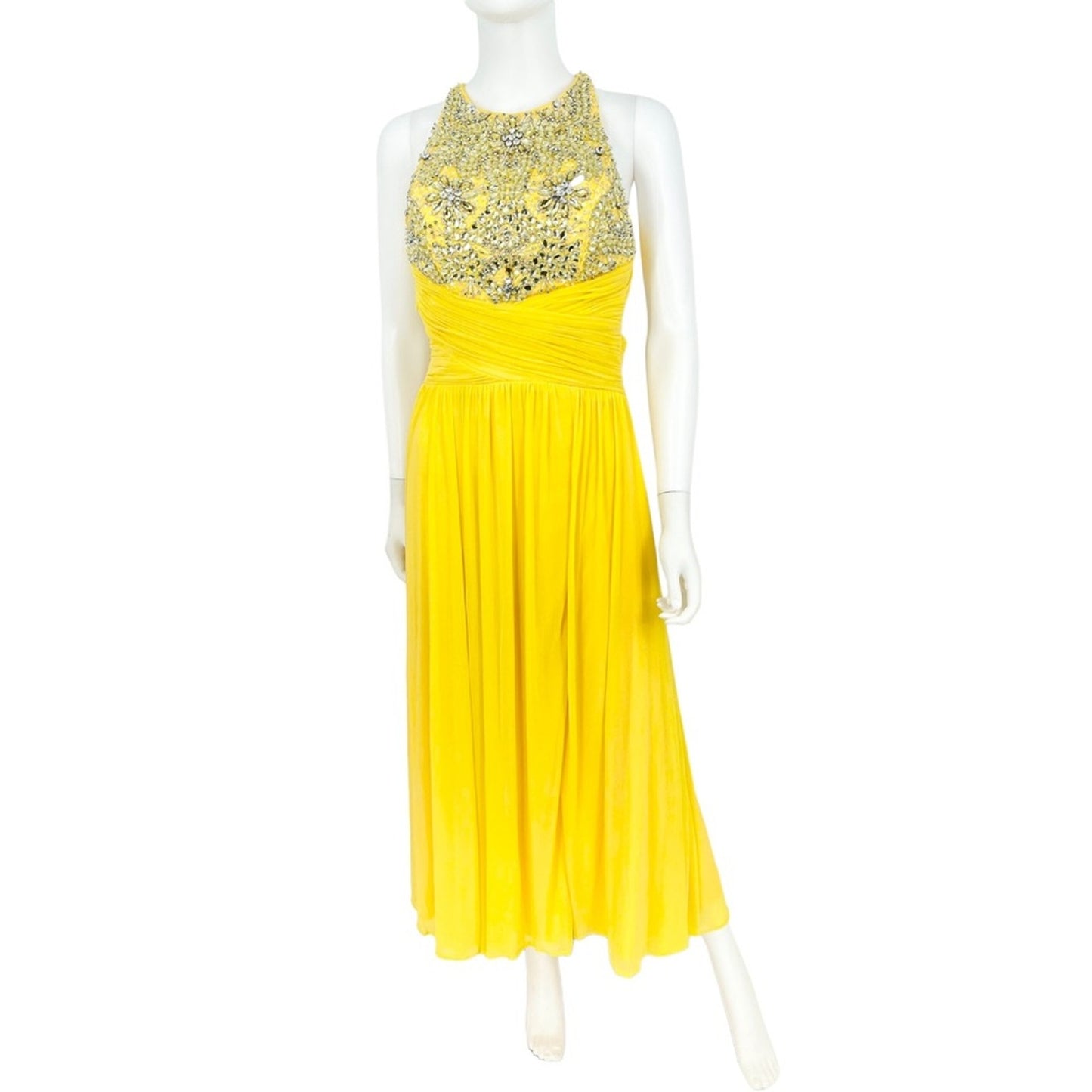 Terani Couture Yellow Open Leg Slit Cross Back Sleeveless Prom Dress Size 4