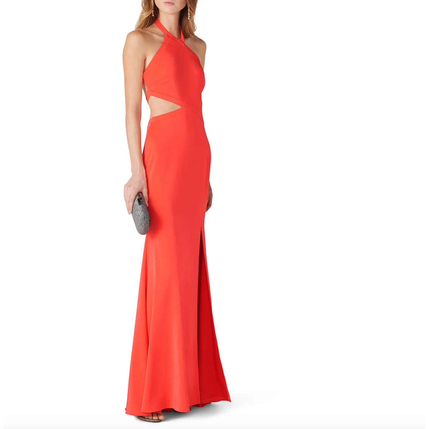Love by Theia Women Coral Mermaid Cutout Halter Asymmetric Maxi Gown Size 14