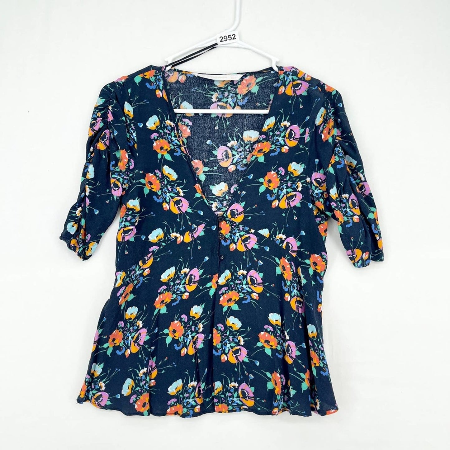 Zara Trafaluc Collection Women's Floral V-Neck Ruched Half Sleeve Blouse Size XS