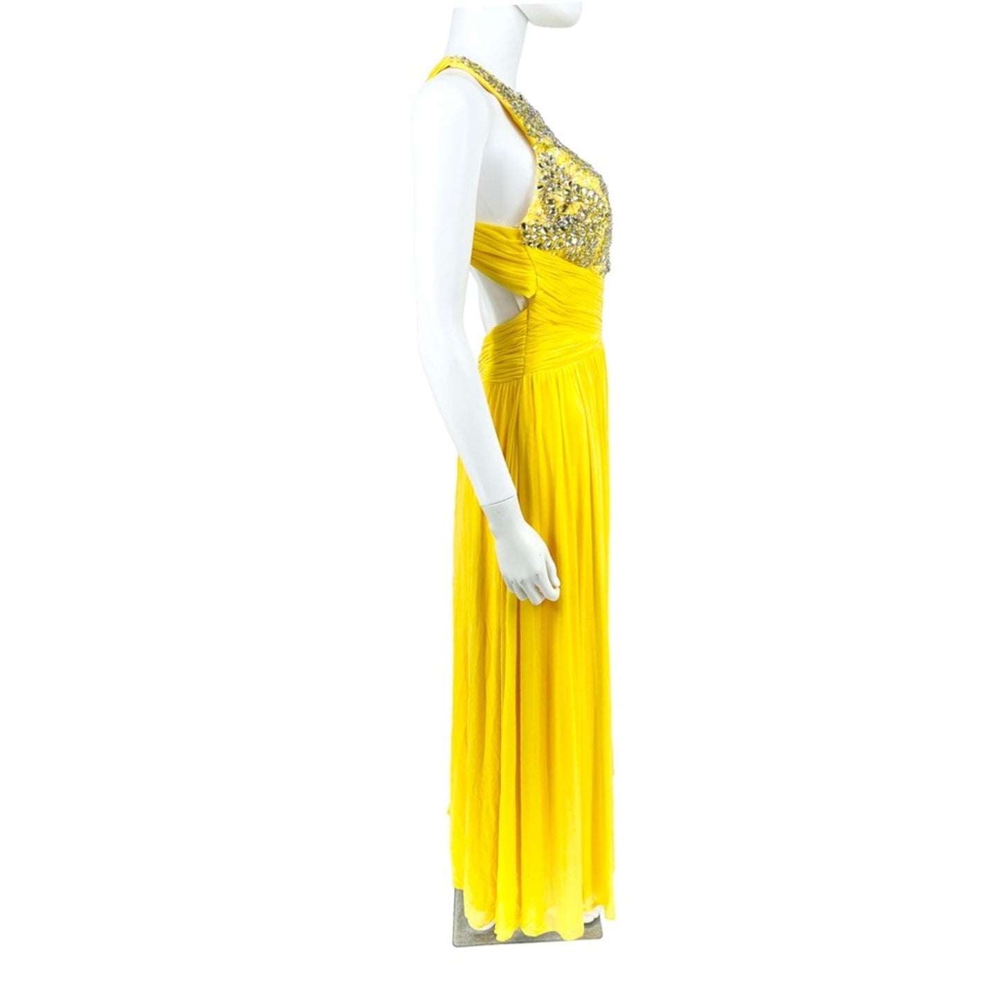 Terani Couture Yellow Open Leg Slit Cross Back Sleeveless Prom Dress Size 4