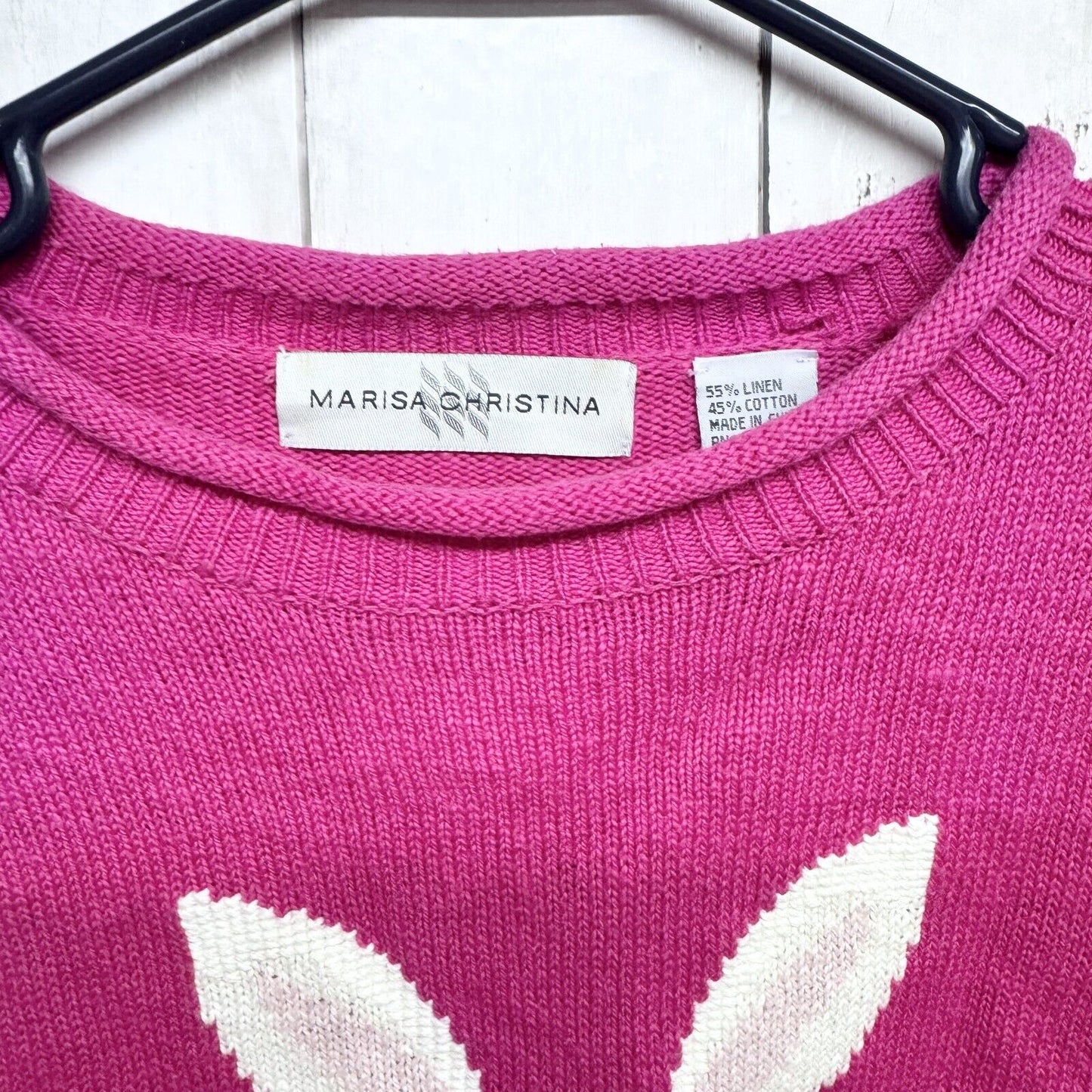 Marisa Christina Sweater Women M Crewneck Bunny Rabbit Hot Pink Linen Cotton