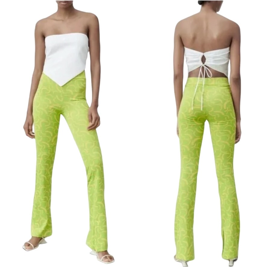 ZARA Women's Jacquard High Waisted 70s Flare Retro 80s Pull On Green Size XS