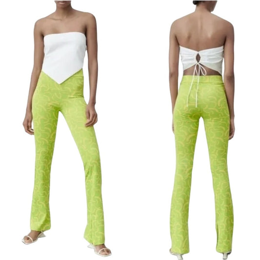 ZARA Women's Jacquard High Waisted 70s Flare Retro 80s Pull On Green Size XS