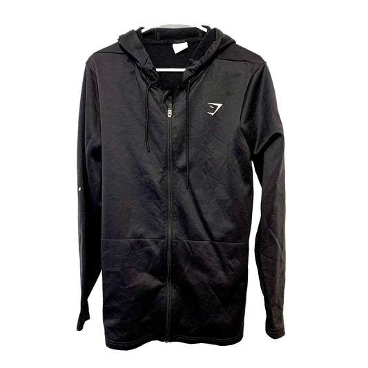 GYMSHARK Sweater Mens Size Medium Zip Up Black Hooded Logo Athletic Cotton