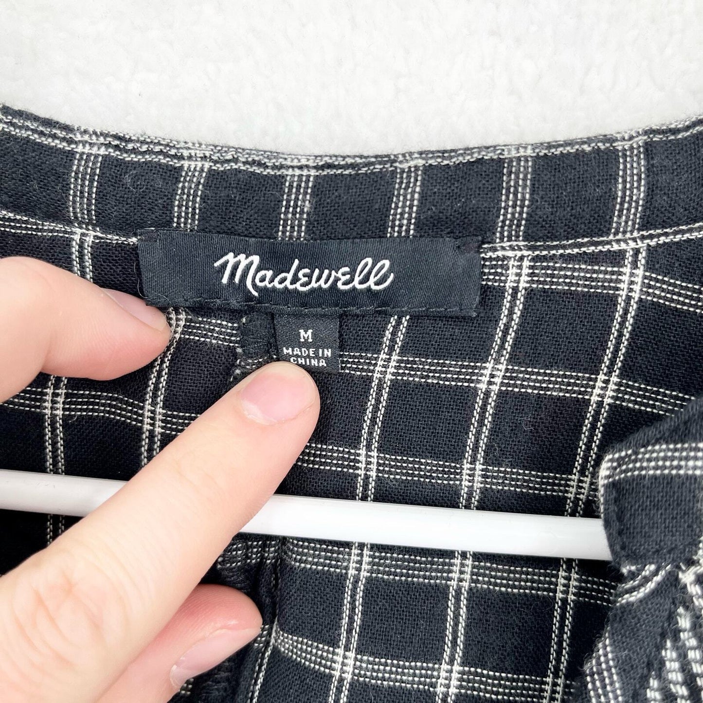 MADEWELL Blouse Women Size Medium v Neck Navy Plaid Long Sleeve Fall Casual