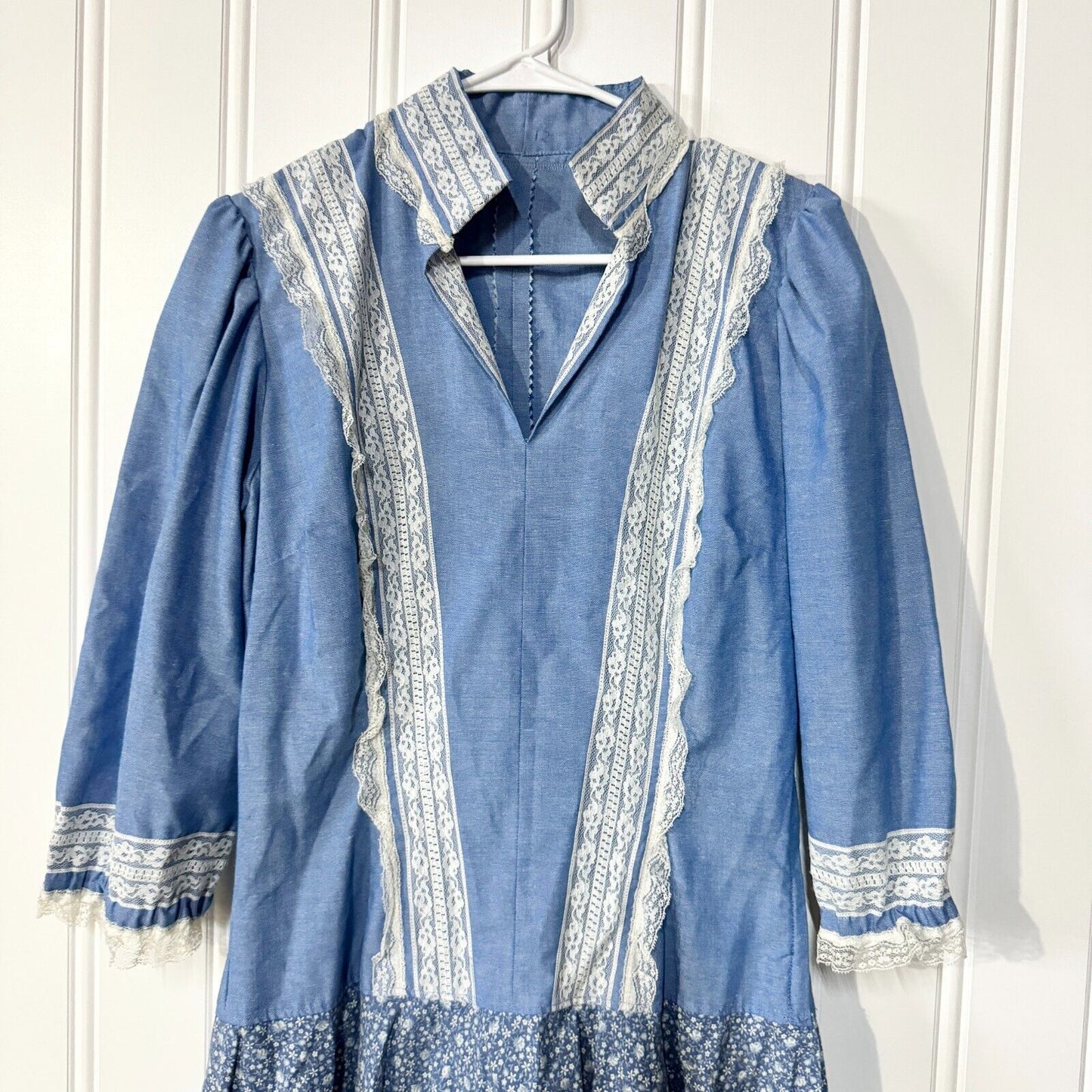 Handmade 70s Vintage Blue & White Lace Collared Neck Long Peplum Mini Dress