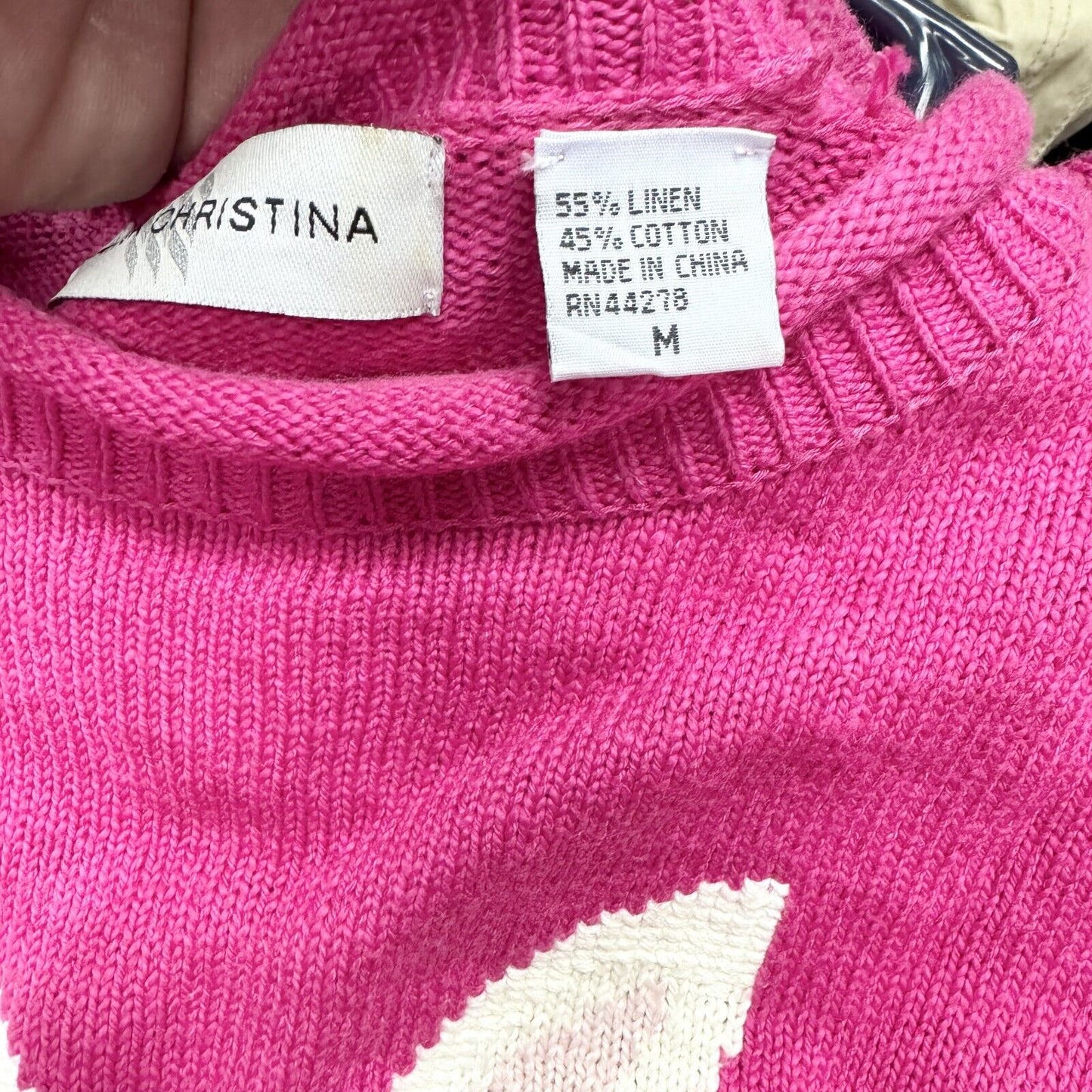 Marisa Christina Sweater Women M Crewneck Bunny Rabbit Hot Pink Linen Cotton