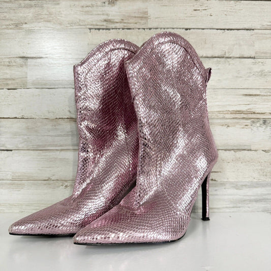 GUESS Booties Women Size 8 Pink Shimmery Ankle Pointed Toe Heeled Mermaid Scaled