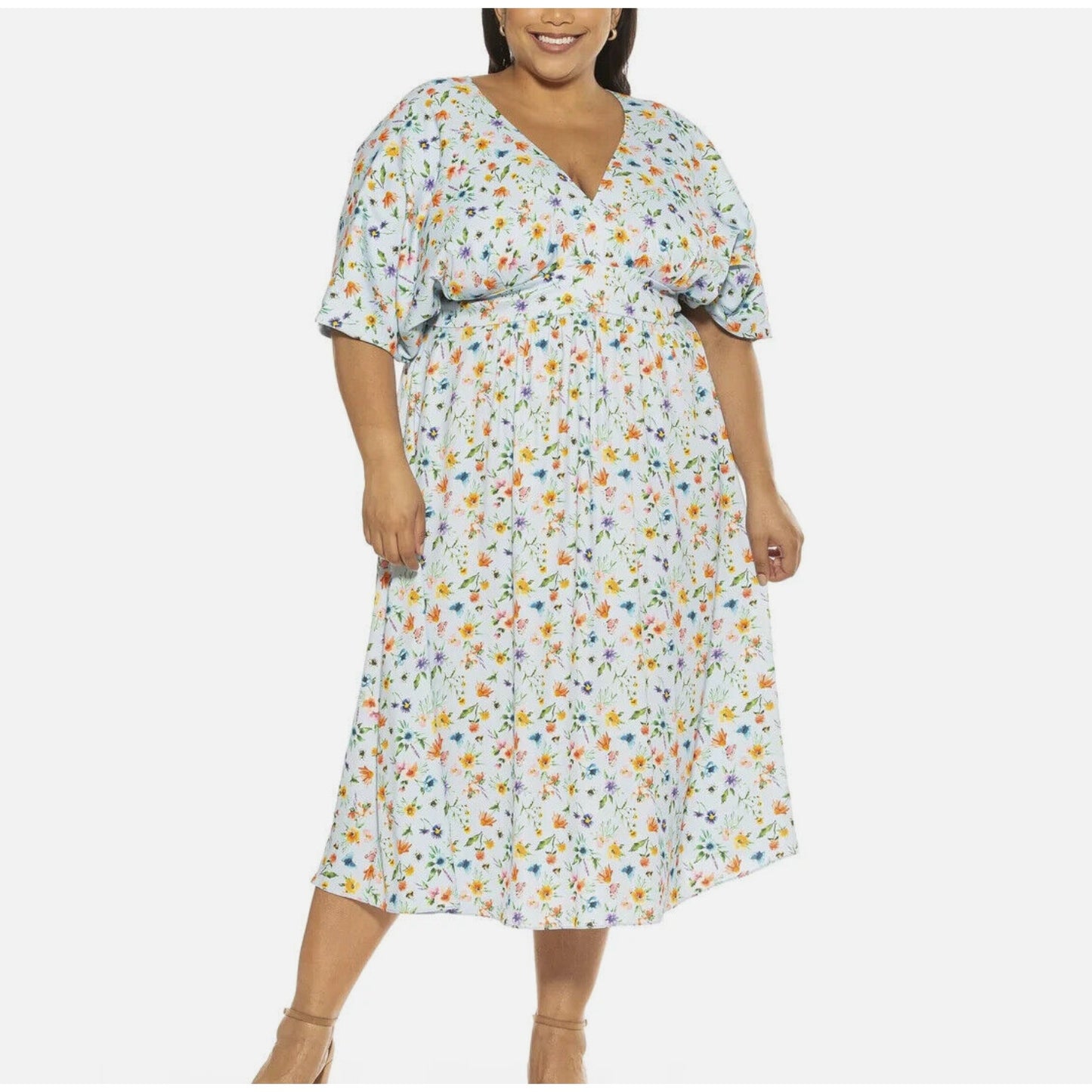 Alexia Admor Womens August Midi Dress Halogen Garden V-neck Plus Size 1X