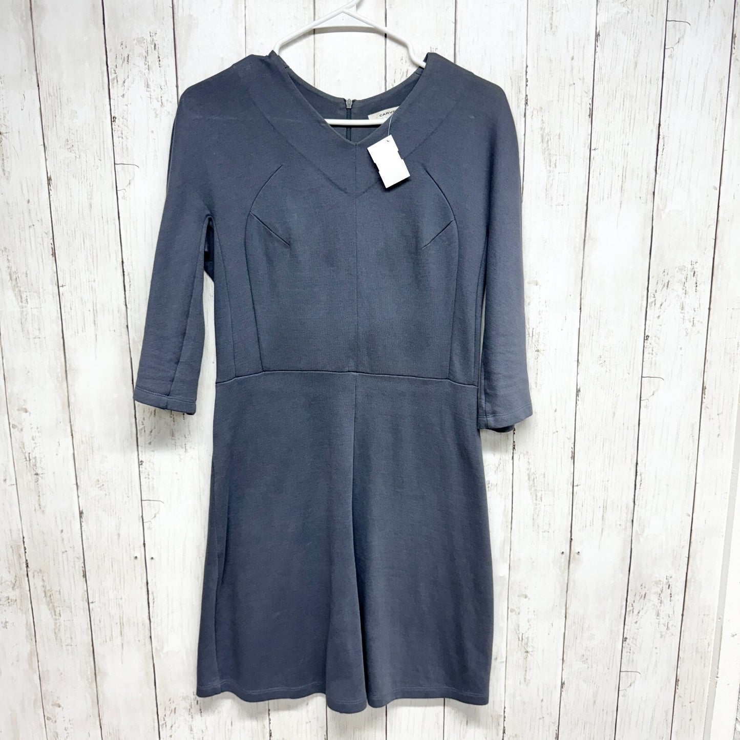 Carven Dress Womens Size Medium Midi V-Neck 3/4 Sleeve Grey Cotton Blend Work