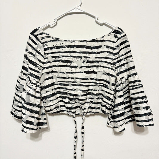MILLY Blouse Women Size Small Tie Waisted Crop Top Bell Sleeve Striped High Low
