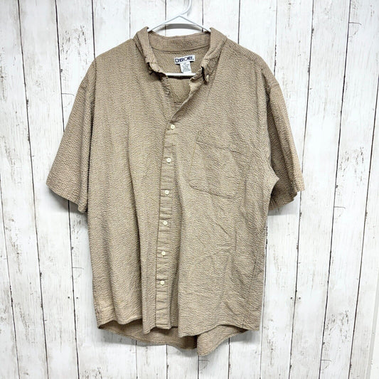 CHEROKEE Button Down Men Size XLT Brown Textured Short Sleeve Pocket Top Curved