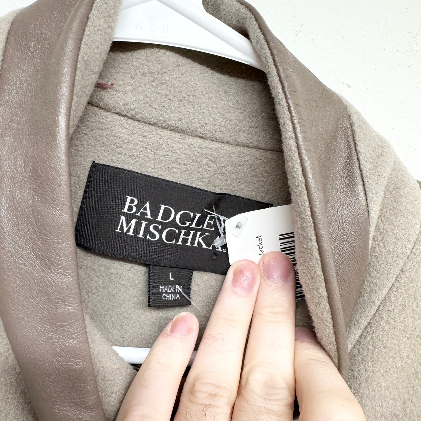 Badgley Mischka Designer Beige Wool Pea Coat Leather Trim Luxury Jacket Large