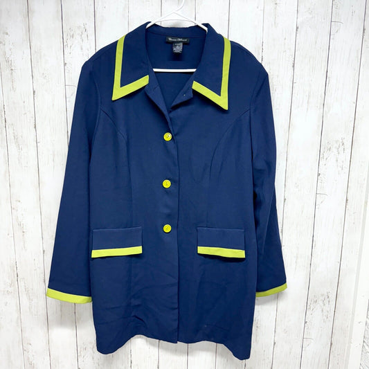 CONNIE HOWARD Suit Jacket Women Size 18 Navy Blue Button Down Green Trim Poly