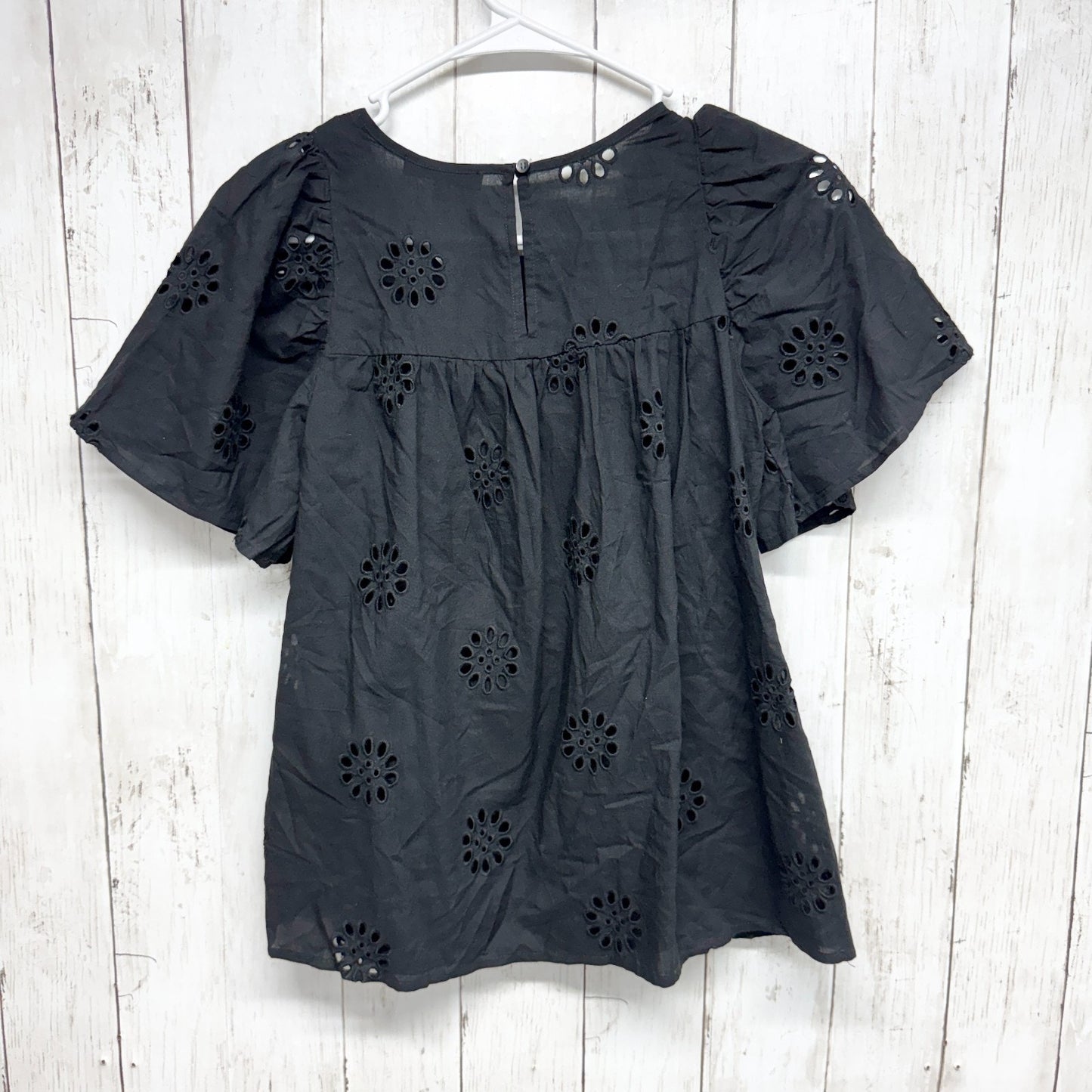 Madewell Blouse Women Size XXS Black Floral Eyelet Detail Short Sleeve Yoke Top
