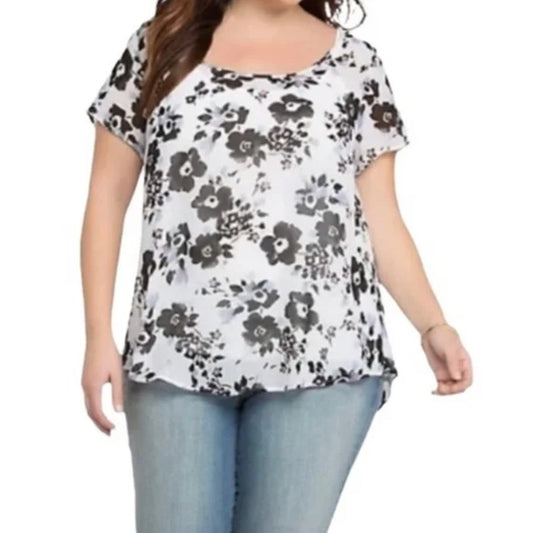 Torrid Womens  White & Black Floral Print Sheer Chiffon Drape Back Blouse Top L