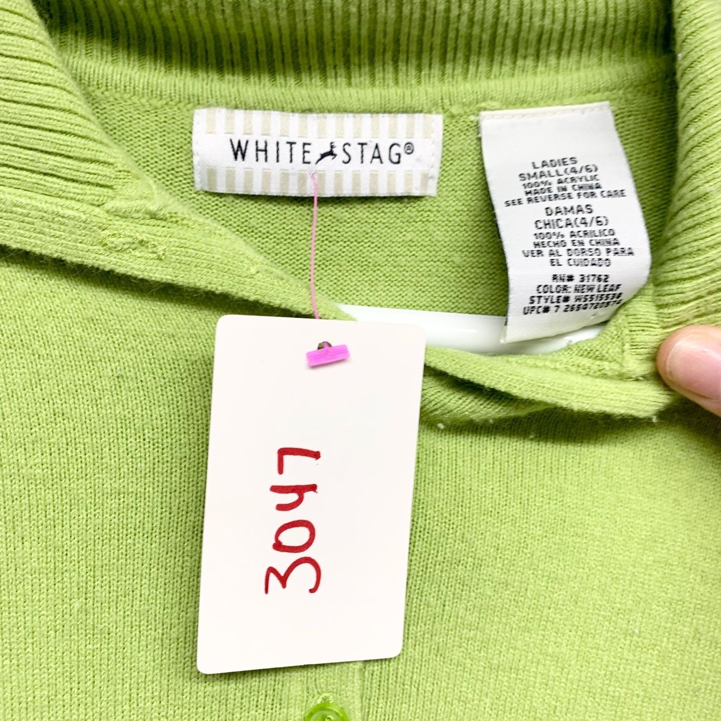 Vintage White Stag Sweater Women Sz Small Green Collared Button Front 3/4 Sleeve