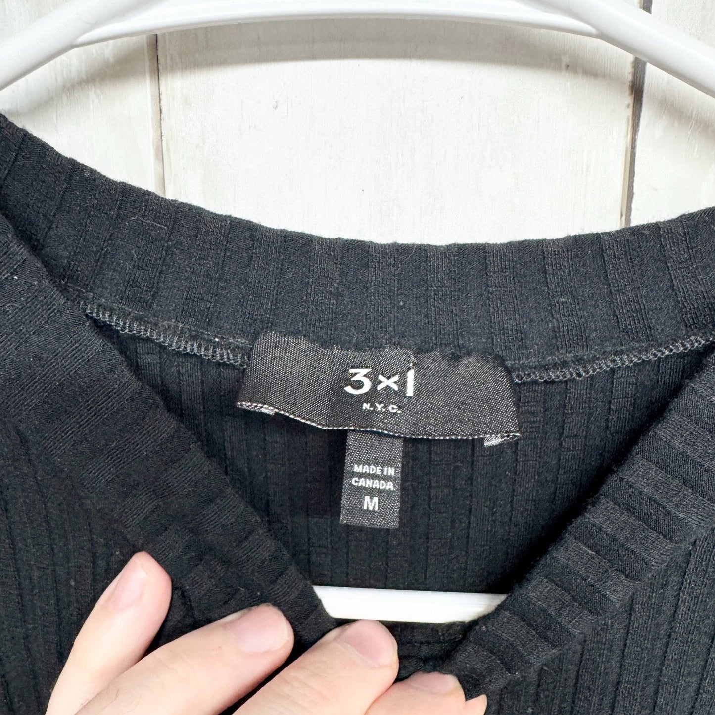 3x1 NYC Sweater Women Size Medium Black Ribbed Crewneck Half Sleeve Button Front