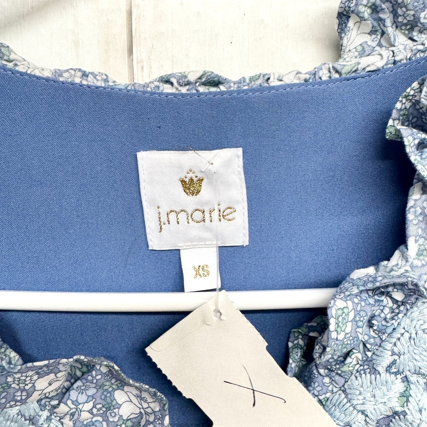 J. Marie Dress Women Size XS Blue Tiered Embroidered Midi Flutter Sleeve Pockets