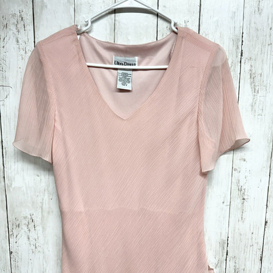 ULTRA DRESS Maxi Women Size 8 Pink Abstract Asymmetrical Deep V Neck Sheer