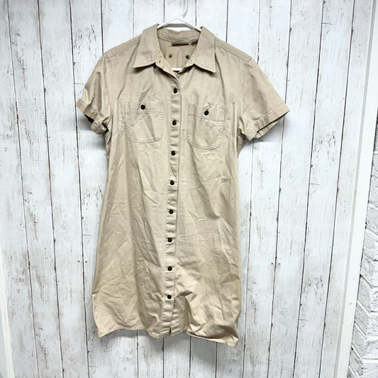 Liz Claiborne Dress 12 Beige Button Shirt Short Sleeve Stretch Pocket Cotton
