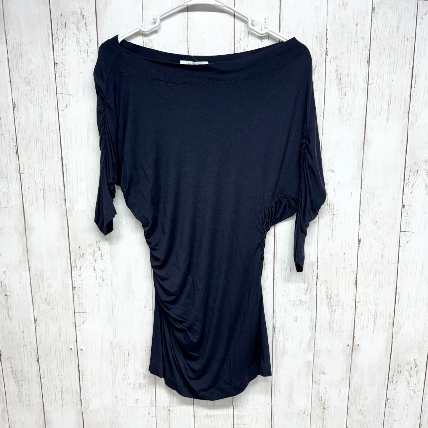 Bailey 44 Dress Women Size Large Off Shoulder Rutched Ruffled Mini Tunic Navy