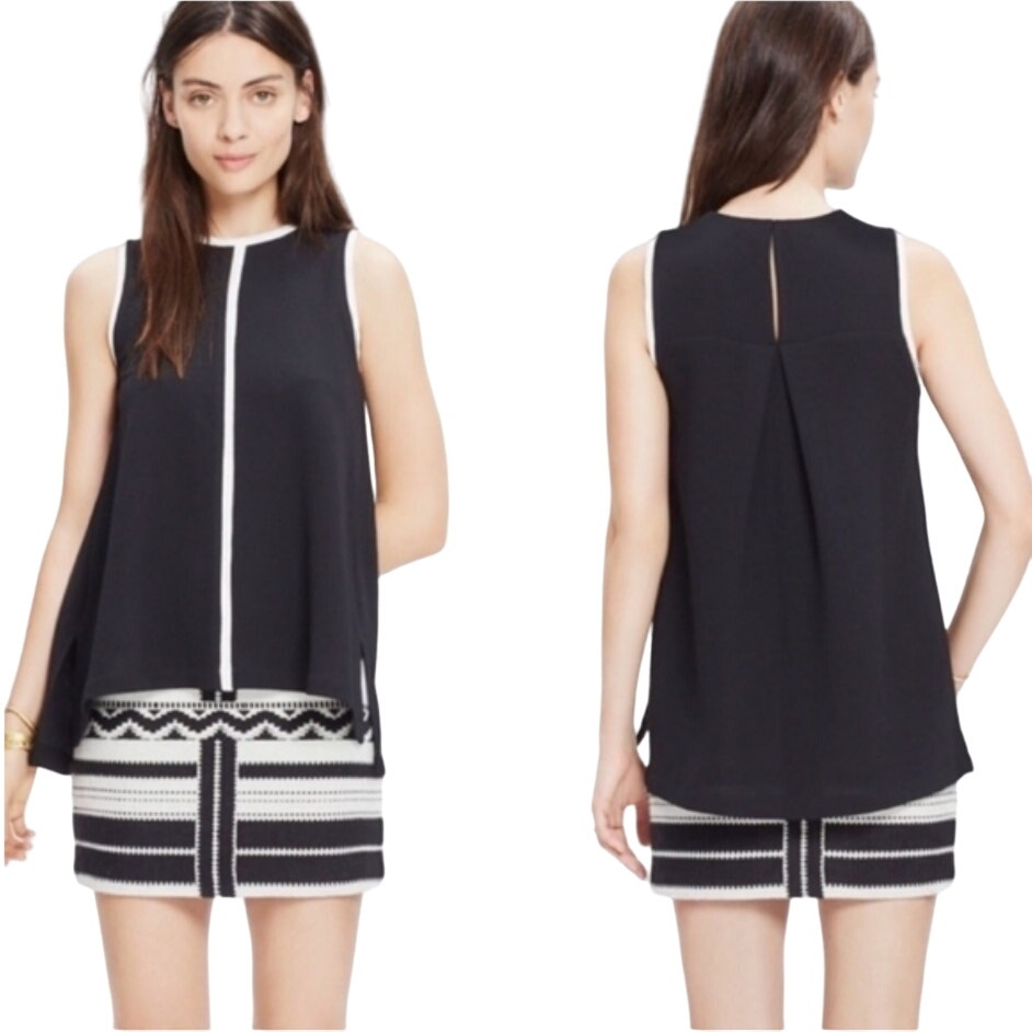 MADEWELL Women Black Crepe Canal Piped White Trim Tank Top Size XS