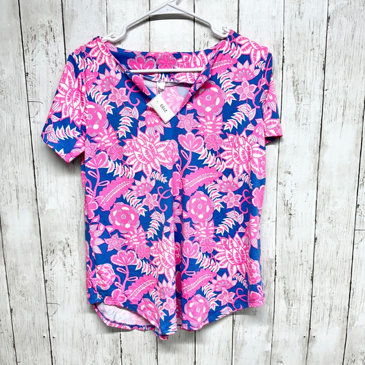 Lulu-B Blouse Women Sz Small V Neck Collared Short Sleeve Navy Neon Pink Floral