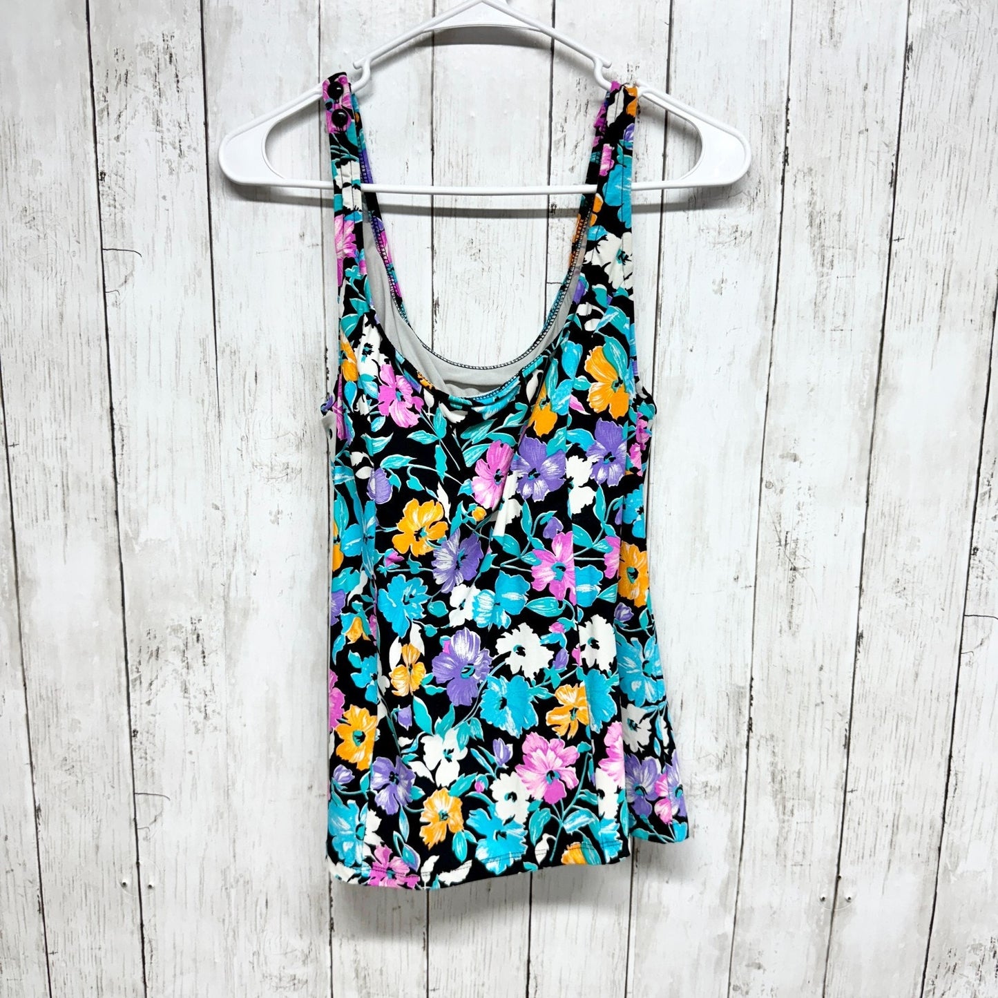ORVIS Swim Top Women Size 12 Floral Sleeveless Beach Summer Neon Blue Tankini