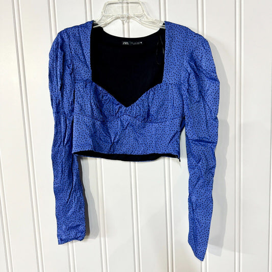 Zara Long Sleeve Sweetheart Blue Poka Dot Retro Crop Top Size Medium