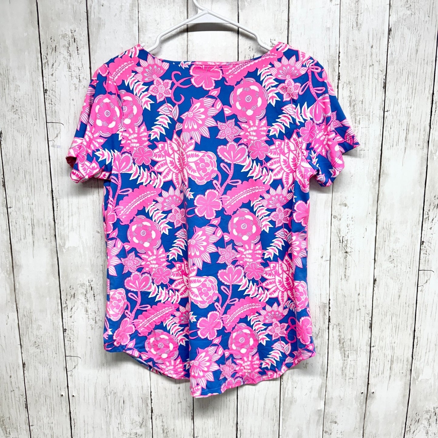Lulu-B Blouse Women Sz Small V Neck Collared Short Sleeve Navy Neon Pink Floral