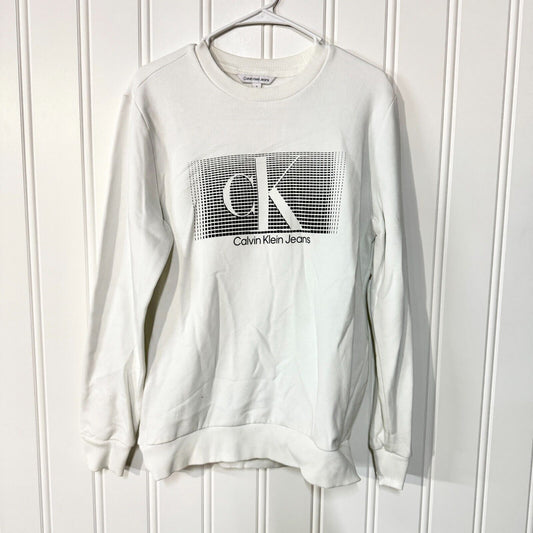 CALVIN KLEIN Sweater Mens Size Medium White Graphic Logo Long Sleeve Slim Fit