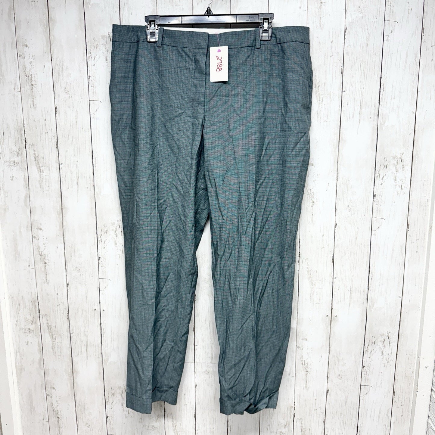 Boss Pant Men Size 12 Green Gingham Tapered Straight Trousers Dress Pants Cuffed