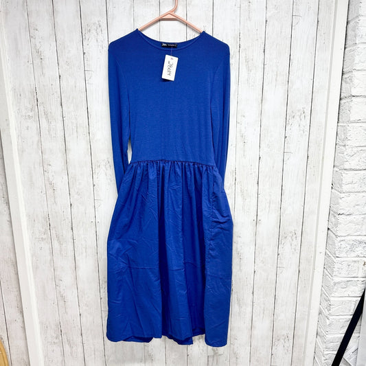 Zara Dress Women Size Large Blue Ribbed Mixed Media Fit & Flare Long Sleeve Midi