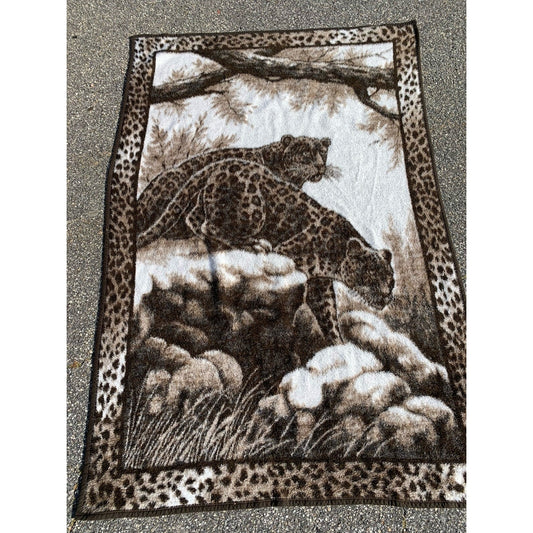 Vintage Biederlack Fleece Blanket Cheetah Tiger Reversable 80 x 54 Made in USA