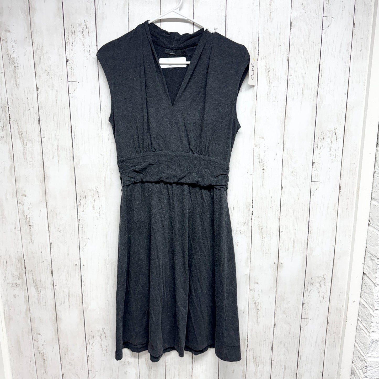 Prana Dress Women Size Small Gray Jersey V-Neck Sleeveless Shirred Waist Mini