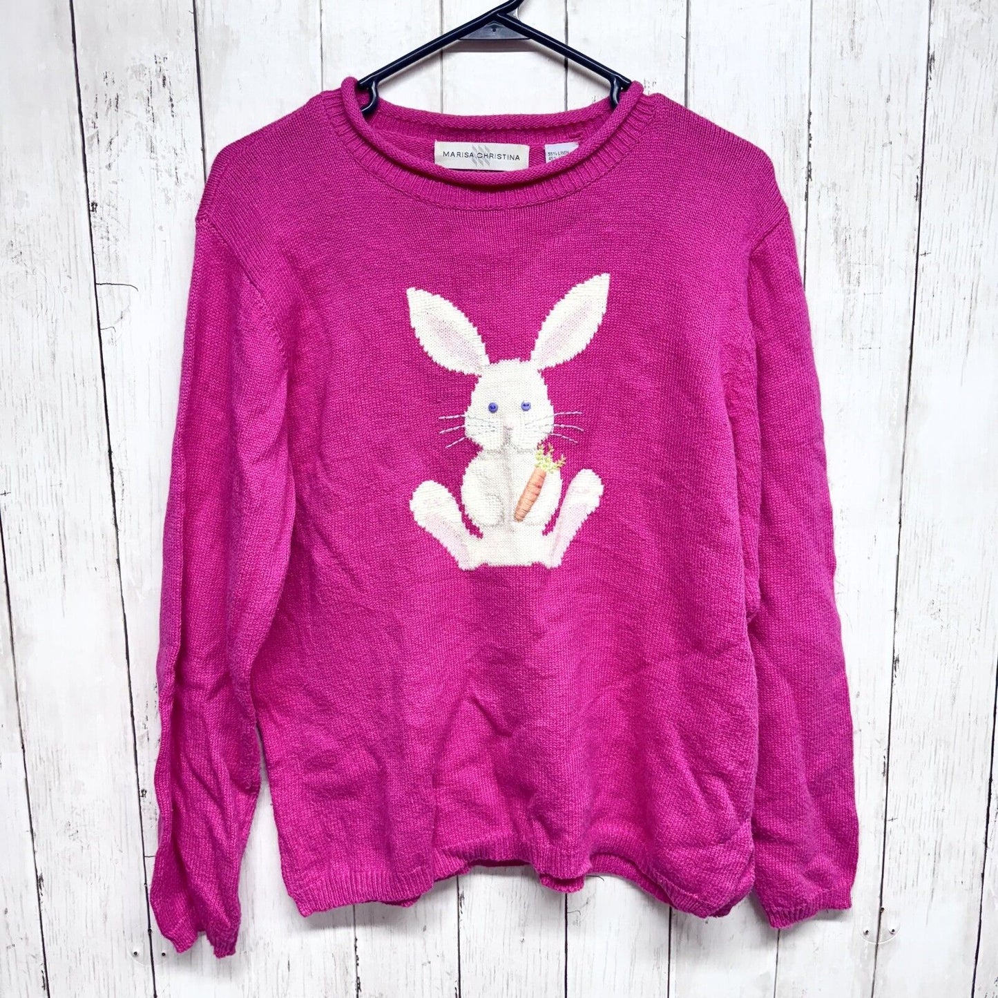 Marisa Christina Sweater Women M Crewneck Bunny Rabbit Hot Pink Linen Cotton