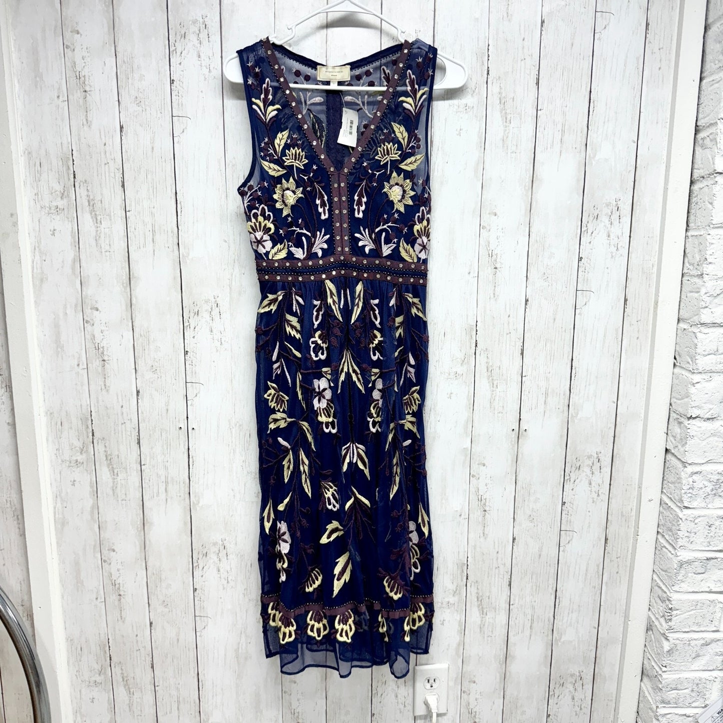 Anthropologie Moulinette Dress Sz 2 Soeurs Alicante Embroidered A-Line Blue Midi