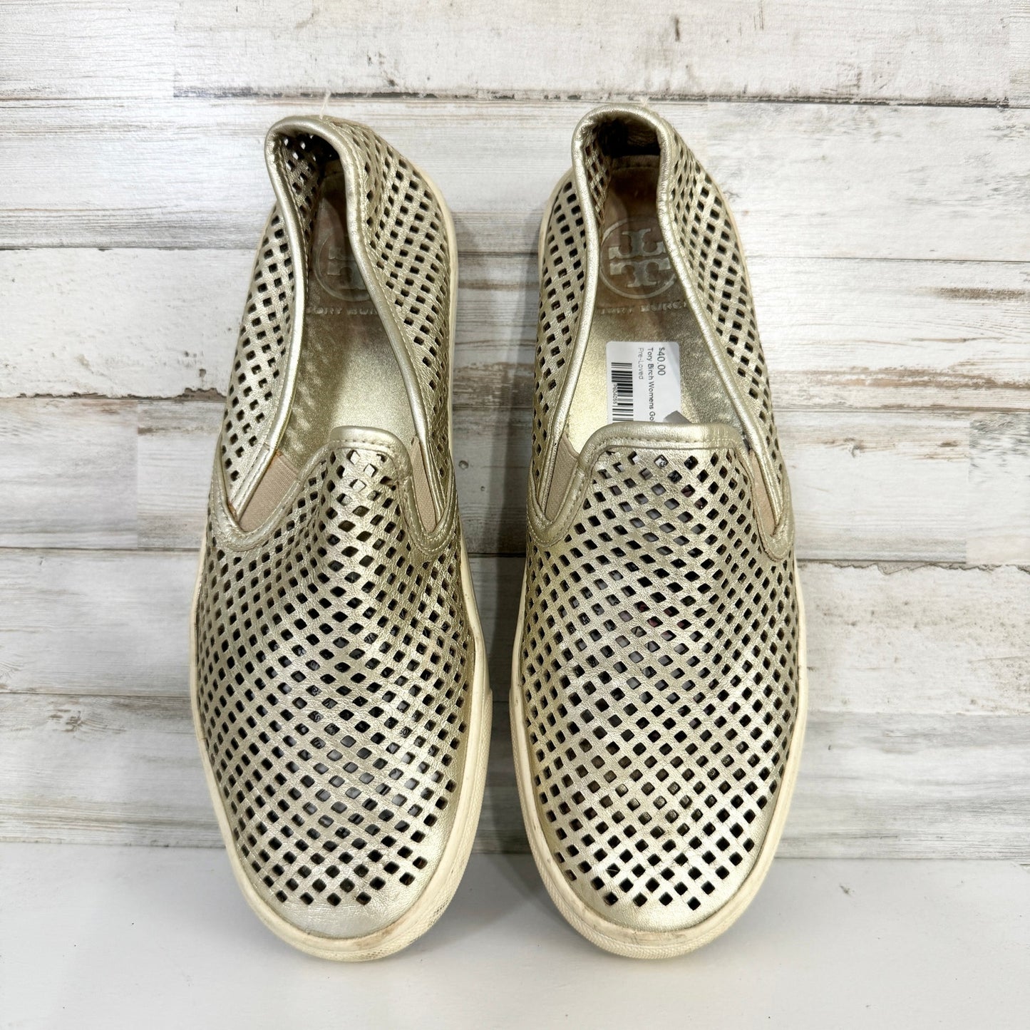 Tory Burch Women Jesse Gold Metallic Leather Perforated Slip On Sneaker Size 8.5