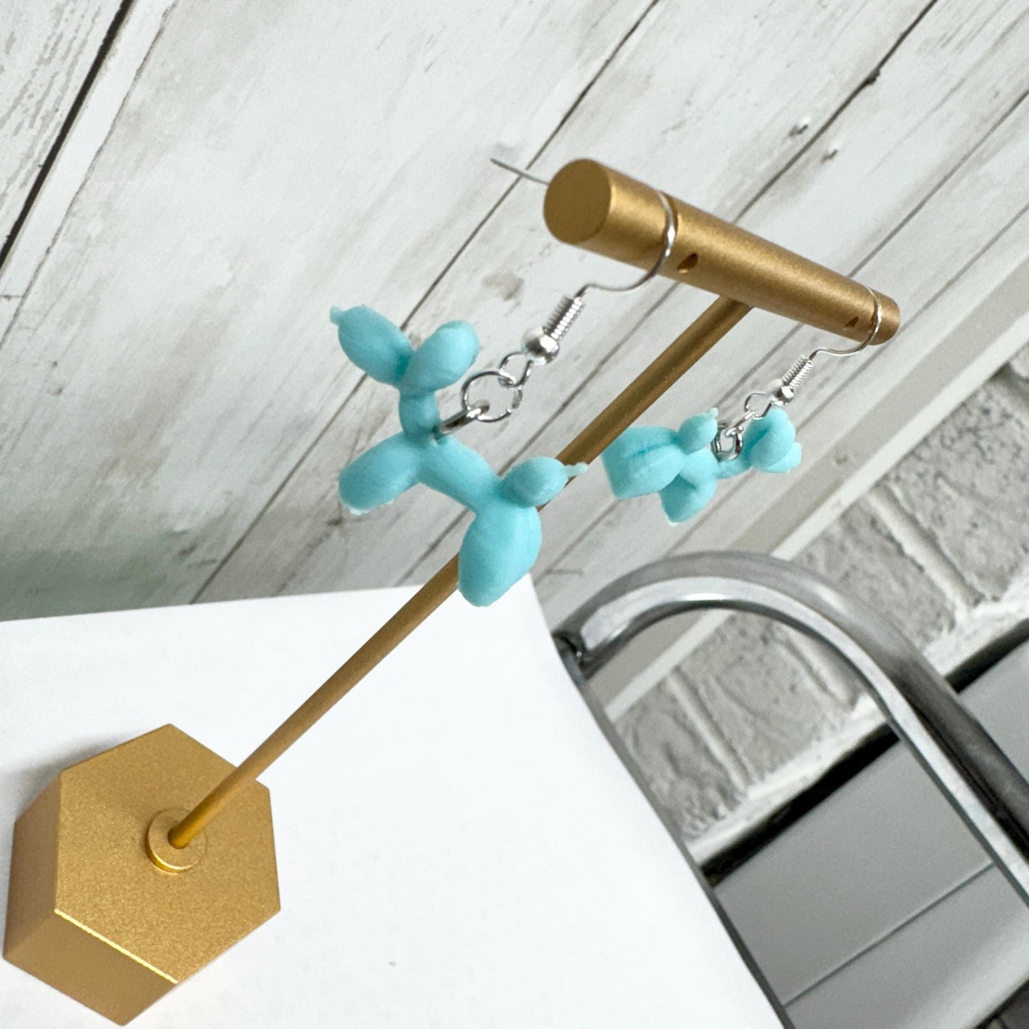 3D Printed Blue Balloon Dog Dangle Earrings Unique Design Fun Fashion Accessory