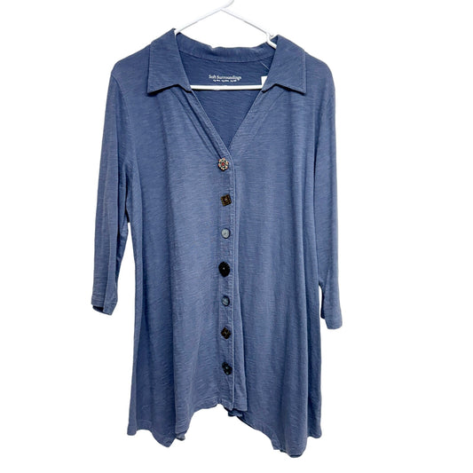SOFT SURROUNDINGS Danielle Button Top Slub Knit Jersey Shirt Gray Blue Size L