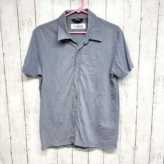 Zara Basic Button Down Men Size L Short Sleeve Blue Grey Collared Casual Cotton