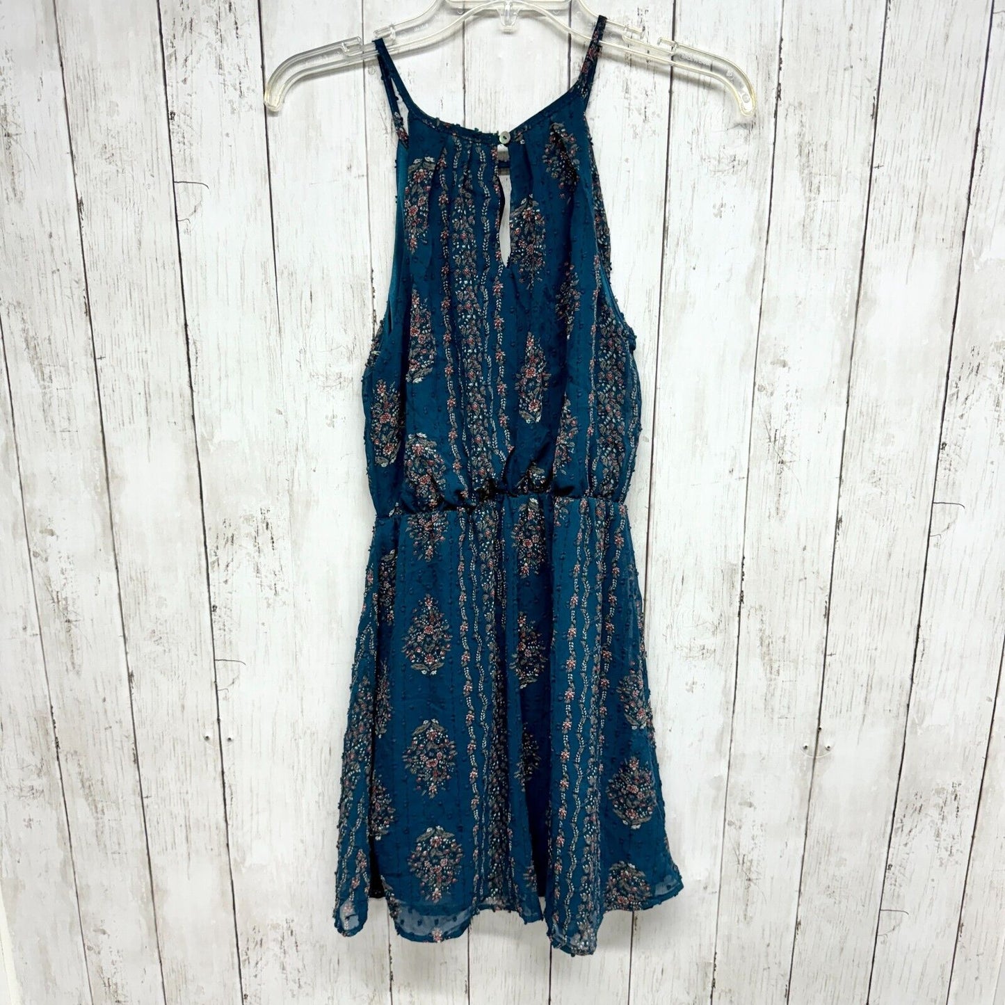 BLUE RAIN Dress Women Size XS Boho Mini Blue Sleeveless Mini Button Front tribal
