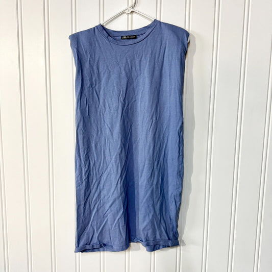 Zara Padded Shoulder Crewneck Cotton Blue Tunic Dress Size Medium