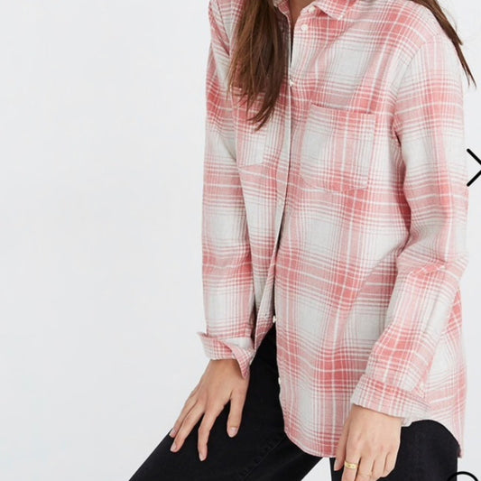 Madewell Pink & Cream Plaid Flannel Sunday Button Up Shirt with Pockets Size XXS