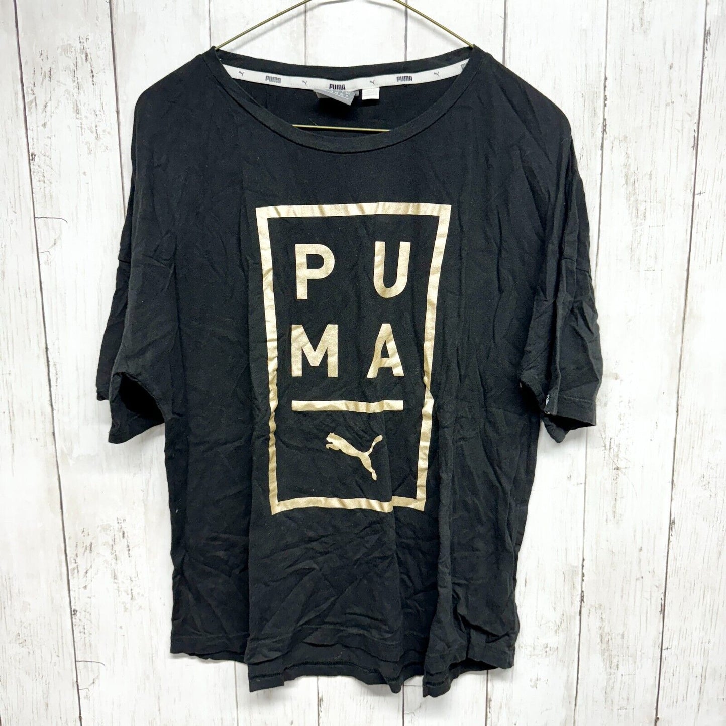 PUMA Shirt Women Size Medium Graphic Black Short sleeve Crewneck Gold Logo